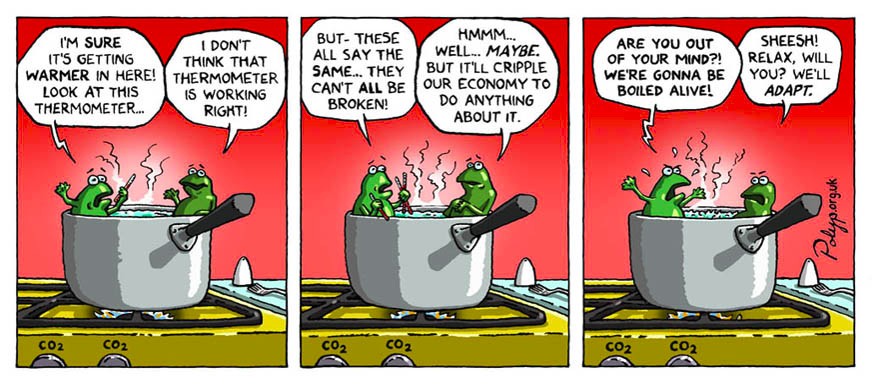 vignetta sul mito della rana bollita applicato ai cambiamenti climatici