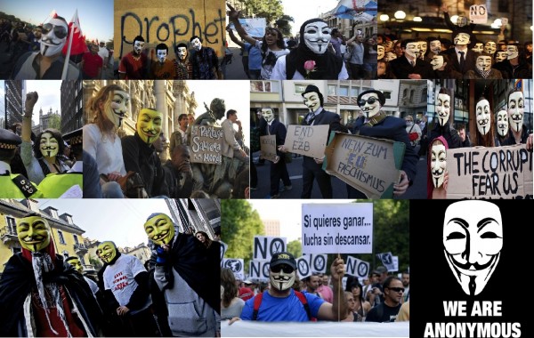 Manifestanti da varie piazze del mondo (ordine di lettura da sinistra a destra, dall’alto in basso): Bahrein, Cairo, Rio de Janeiro, New York, Londra, Parigi, Berlino, Vienna, Milano, Madrid. In basso a destra il simbolo di Anonymous.
