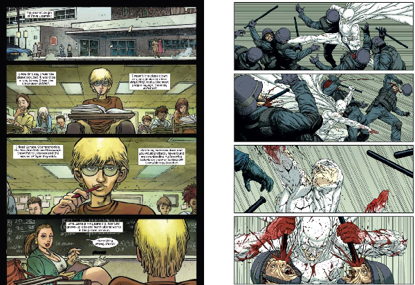 Due tavole rappresentative della tipica narrazione milleriana. Tratte da Kick Ass#1 e Nemesis#3