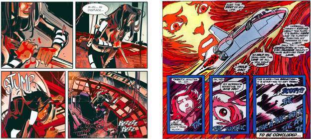 Da sinistra: la sequenza della morte di Juno da Orfani #11 e la sequenza della morte di Jean Grey da Uncanny X-Men #100