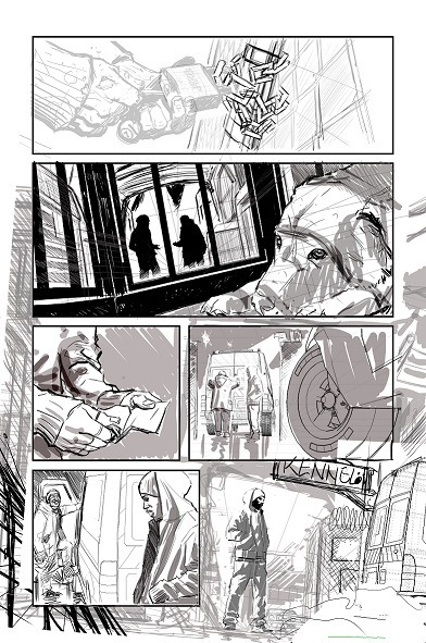 Rusty Dogs #32, disegni di Fabrizio Des Dorides. Bozza della prima tavola.