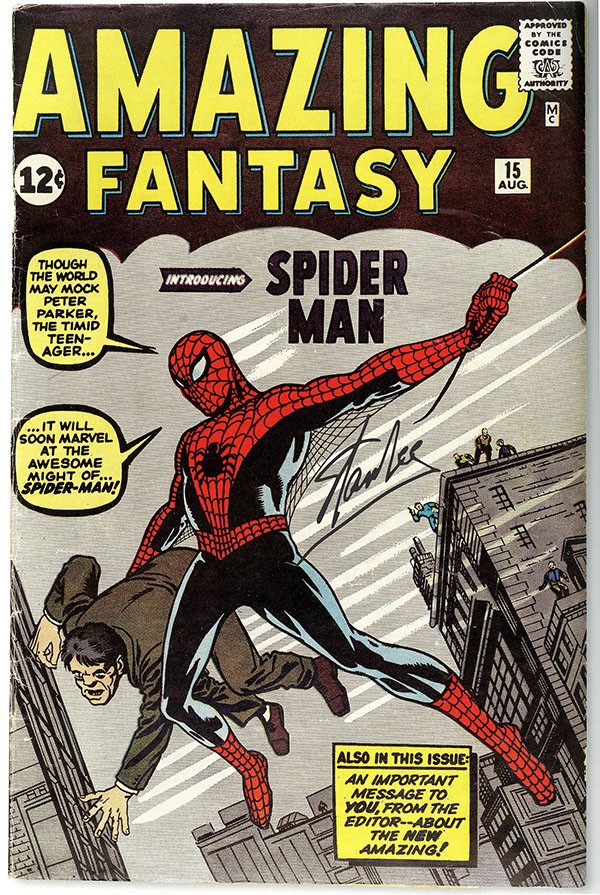 amazing fantasy 15 firmato Stan Lee, prima apparizione di Spider-Man in USA