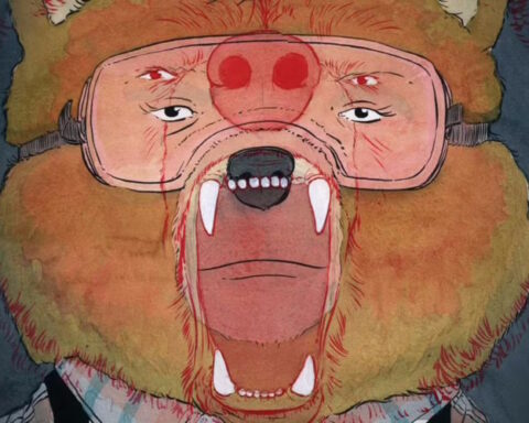 Sam in goggles staring down a bear in beneath the trees where nobody sees final issue cover e1772625360491